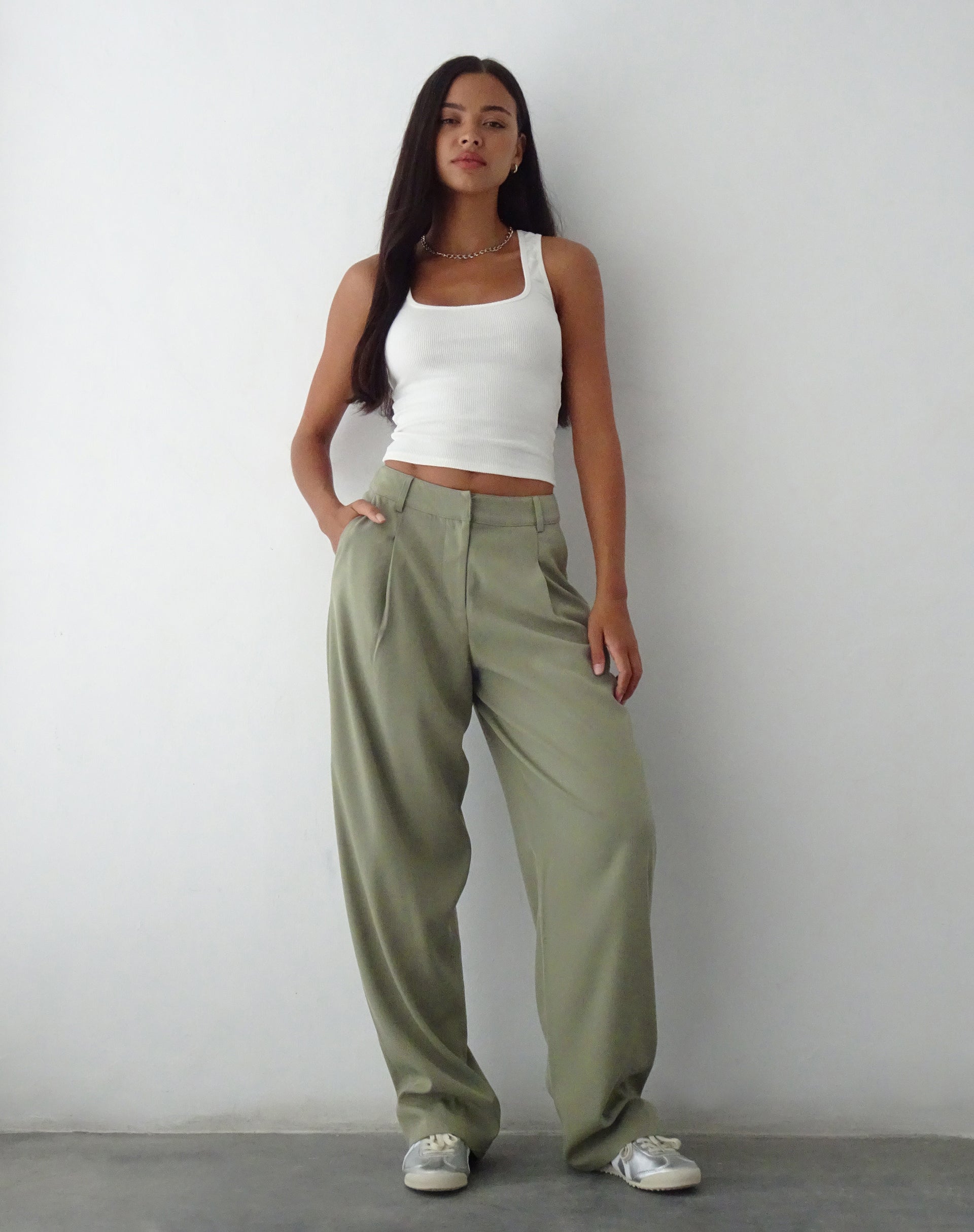 Sakaria Wide Leg Trouser in Tailoring Stone Sage-Nico Sky