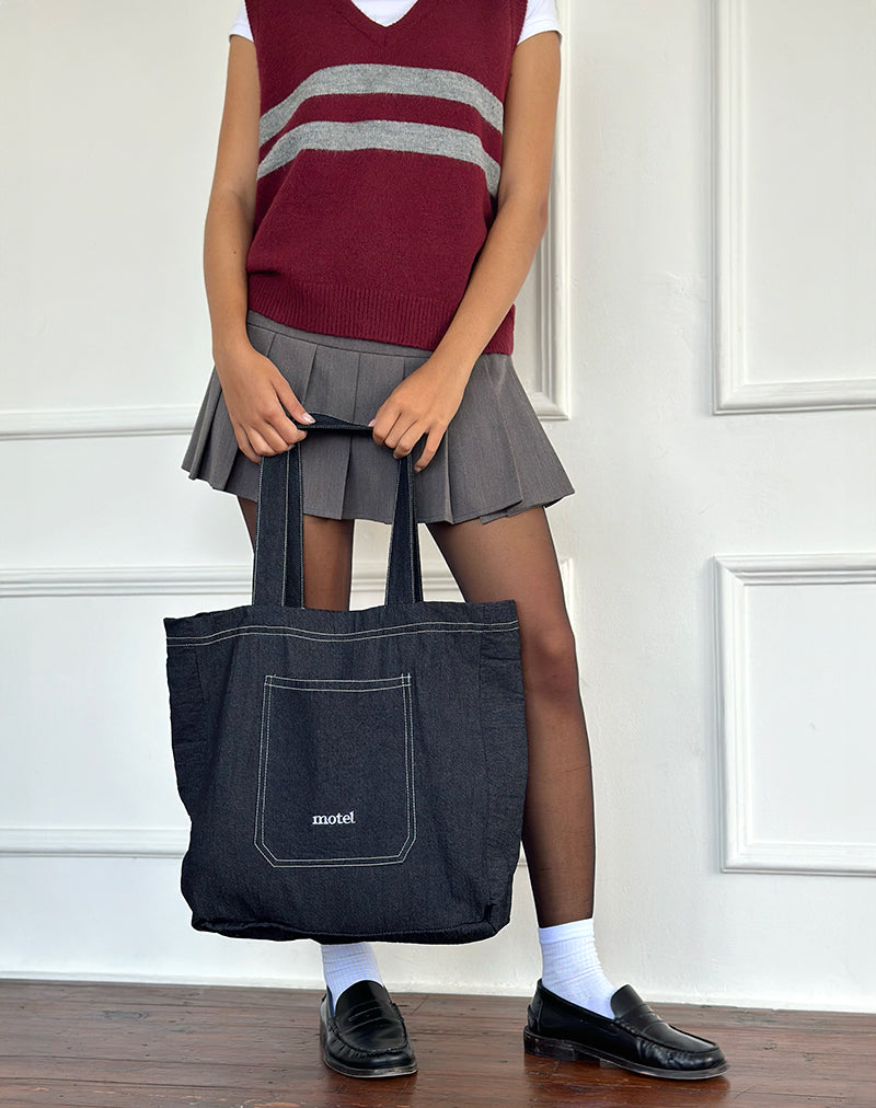 Ruka Tote Bag in Denim Indigo with White Motel Embroidery-Nico Sky
