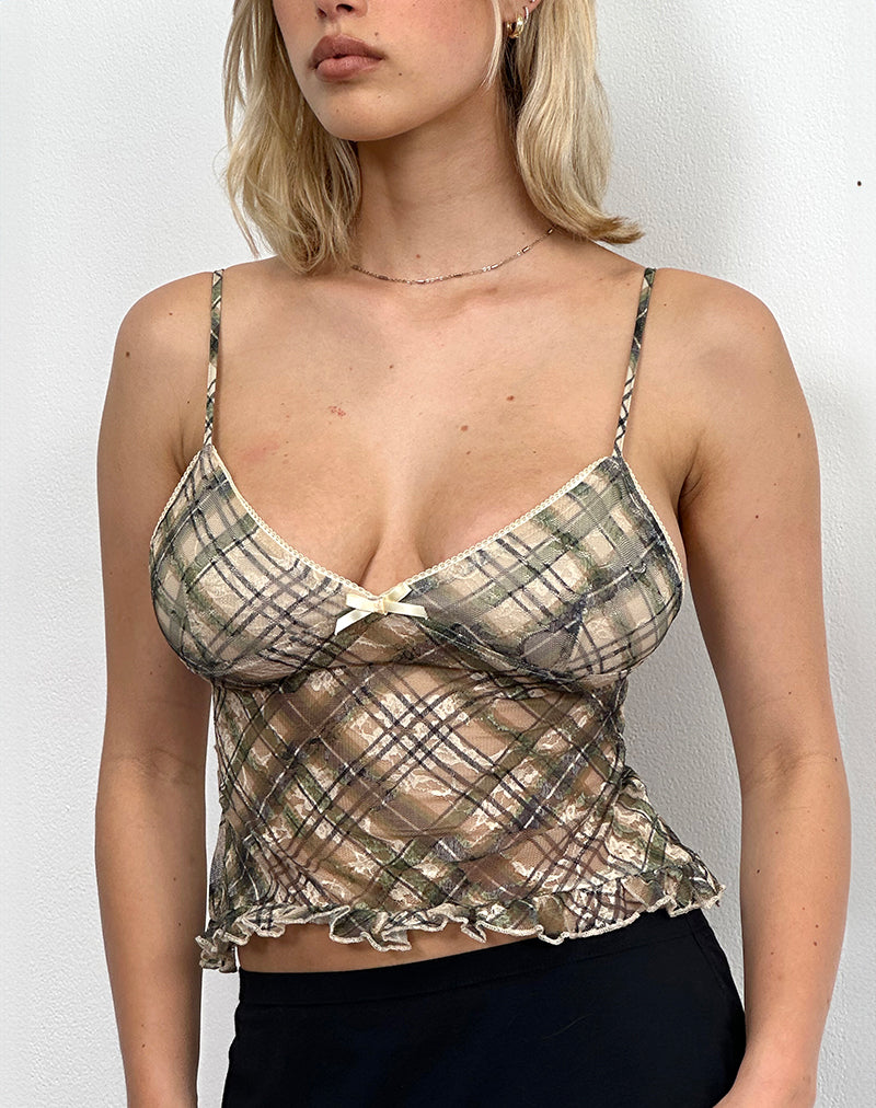 Rumaysa Cami Top  in Printed Lace Retro Plaid-Nico Sky