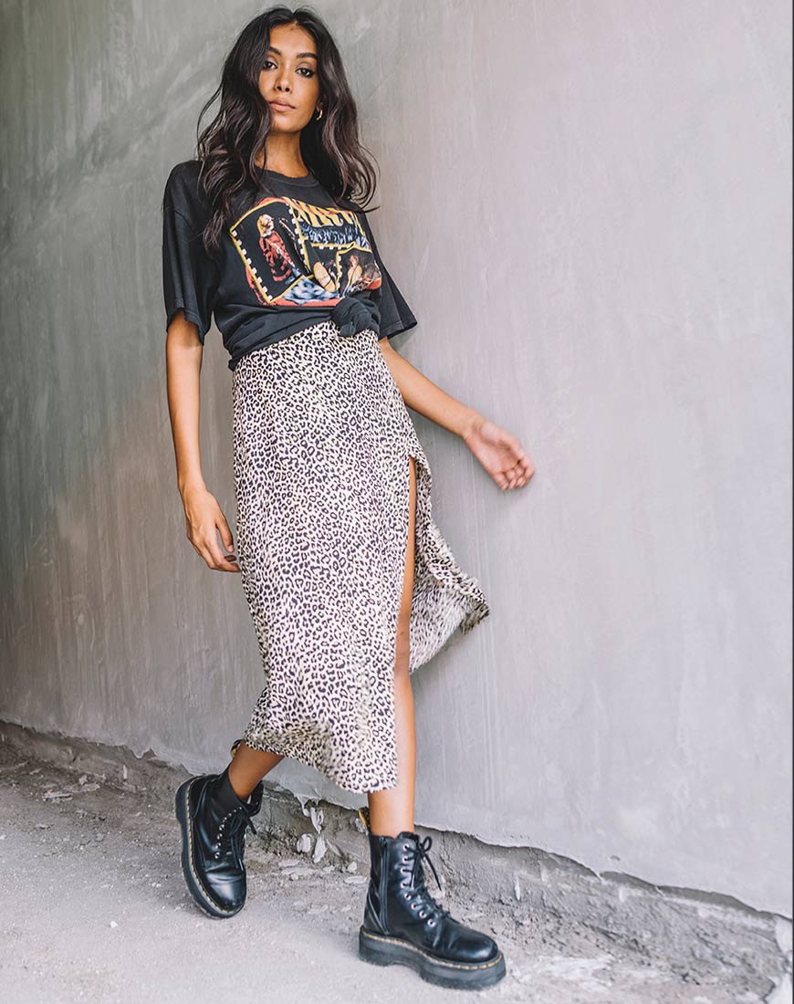 Saika Midi Skirt in Rar Leopard Brown-Nico Sky