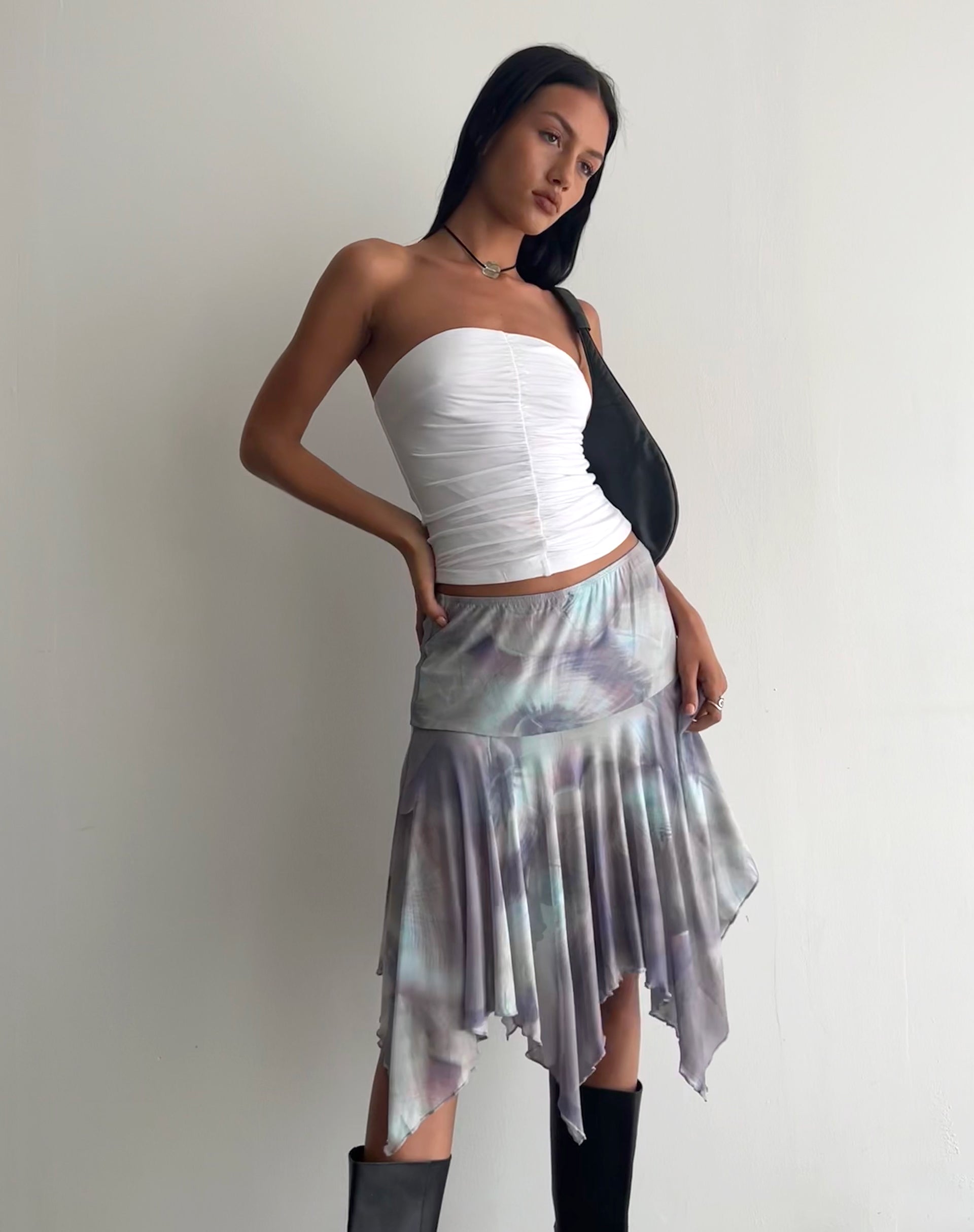Jovali Low Waist Midi Skirt in Mesh Printed Pearly Shell-Nico Sky