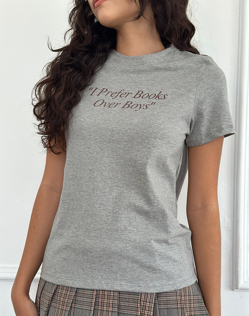Saki Tee in Grey Marl with I Prefer Books Over Boys Slogan-Nico Sky