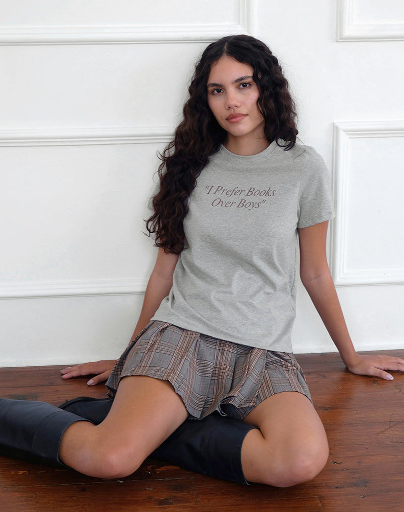 Saki Tee in Grey Marl with I Prefer Books Over Boys Slogan-Nico Sky