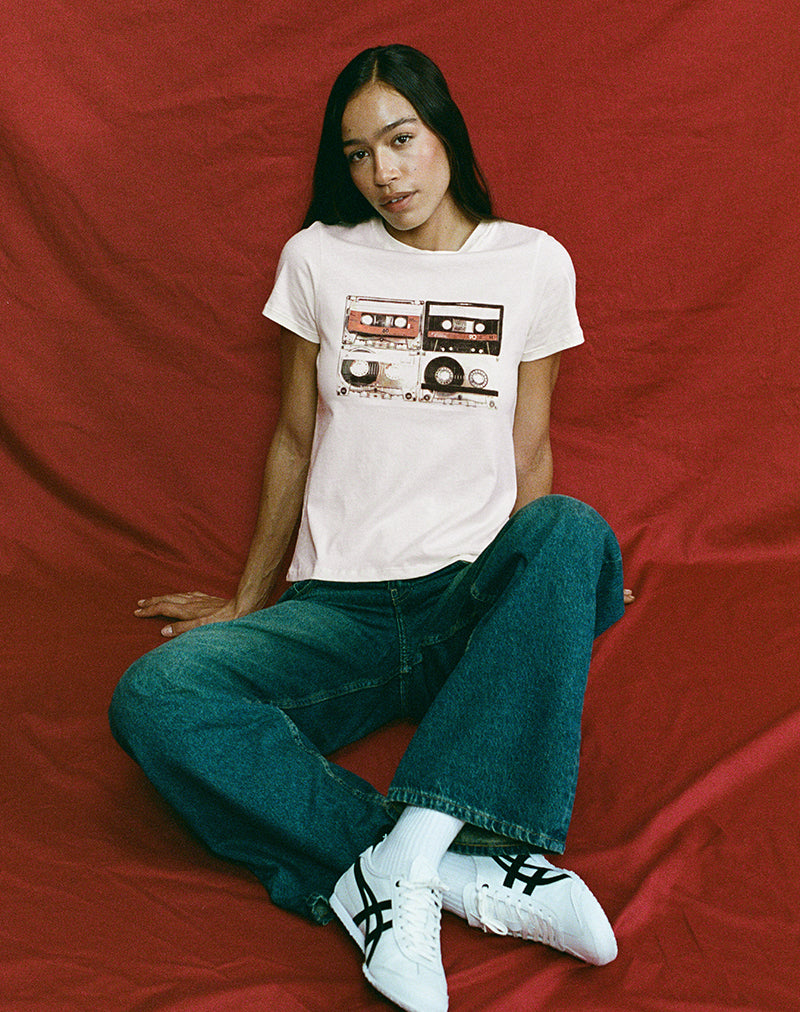 Saki Tee in Ivory with Retro Cassette Motif-Nico Sky