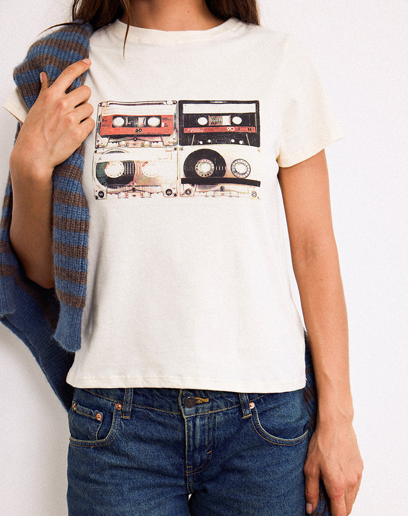 Saki Tee in Ivory with Retro Cassette Motif-Nico Sky
