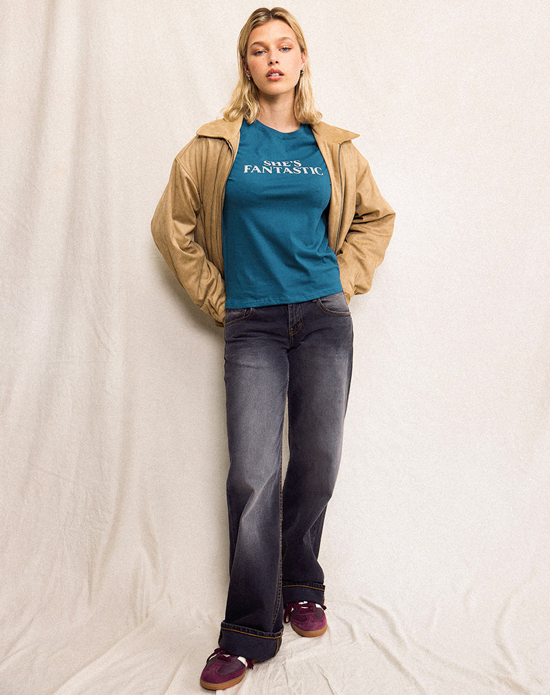 Saki Tee in Mediterranean Blue with She's Fantastic Slogan-Nico Sky