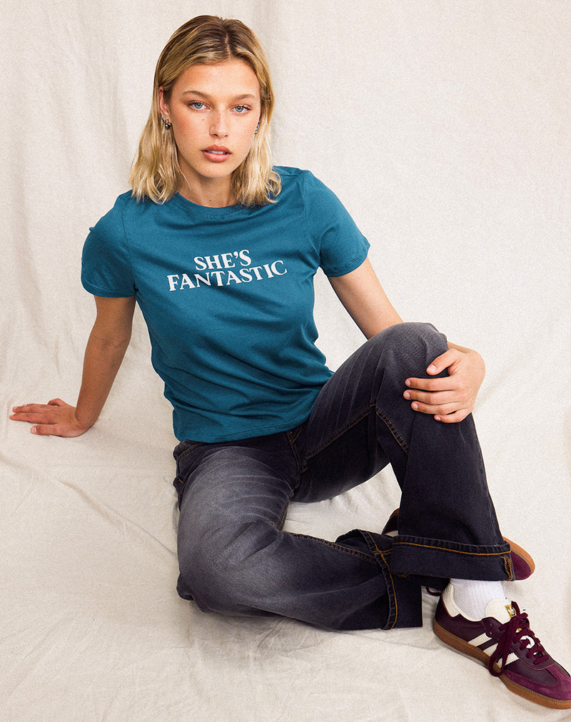 Saki Tee in Mediterranean Blue with She's Fantastic Slogan-Nico Sky