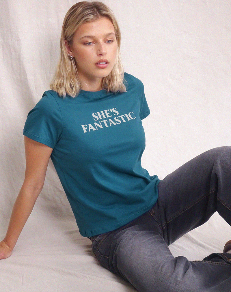Saki Tee in Mediterranean Blue with She's Fantastic Slogan-Nico Sky