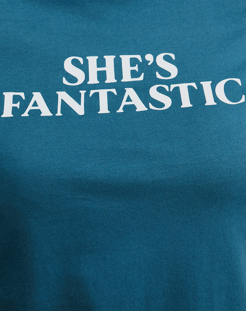 Saki Tee in Mediterranean Blue with She's Fantastic Slogan-Nico Sky