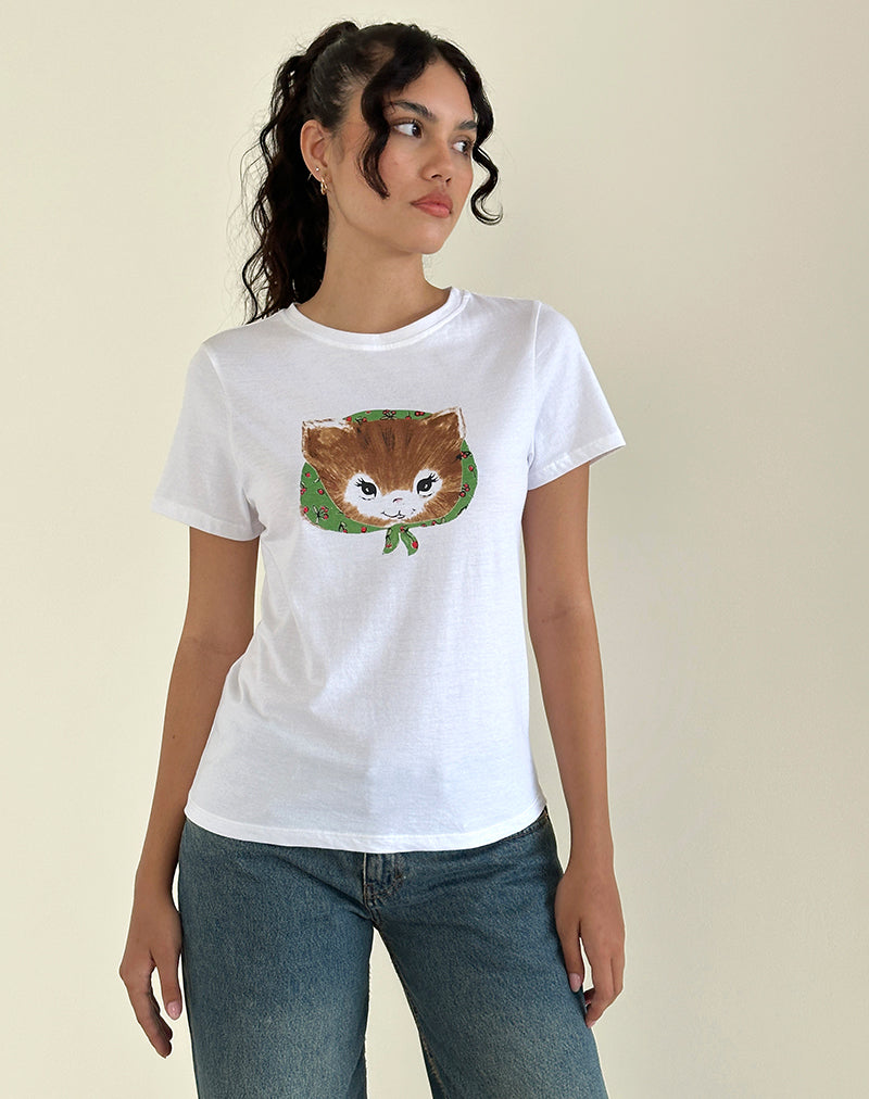 Saki White Tee in Kitty Print-Nico Sky