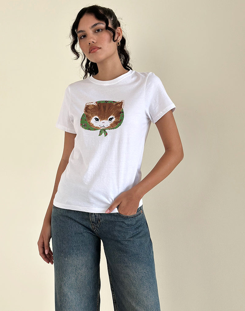 Saki White Tee in Kitty Print-Nico Sky