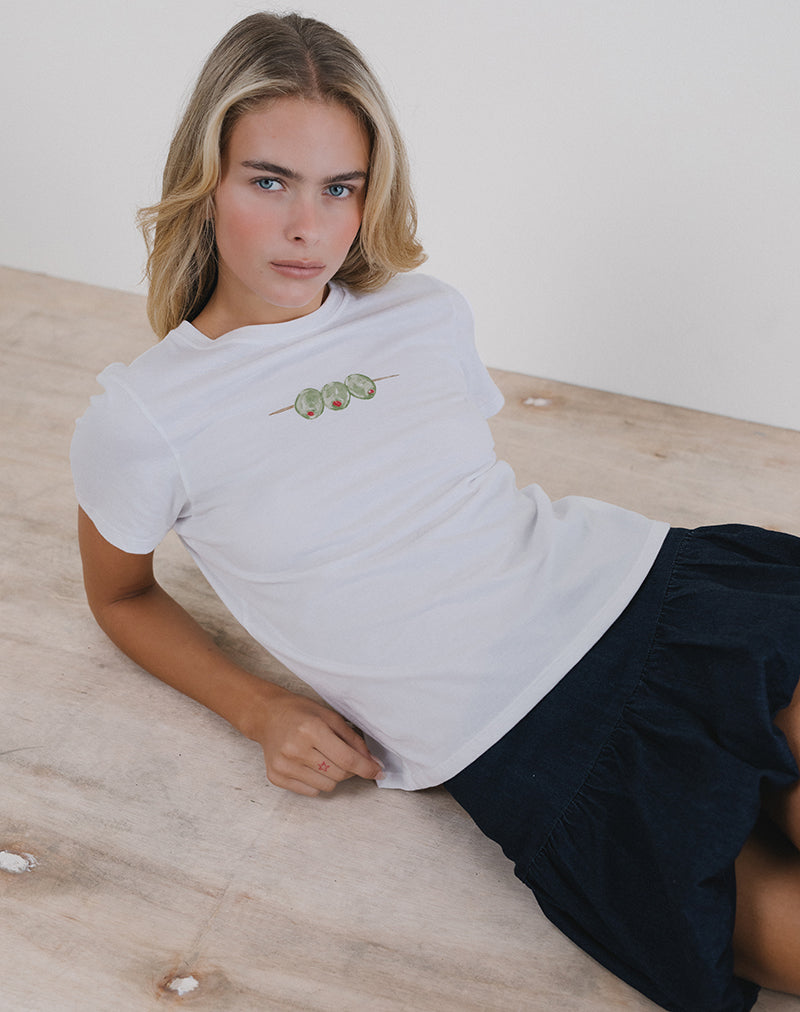 Saki Tee in White with Olives Graphic-Nico Sky