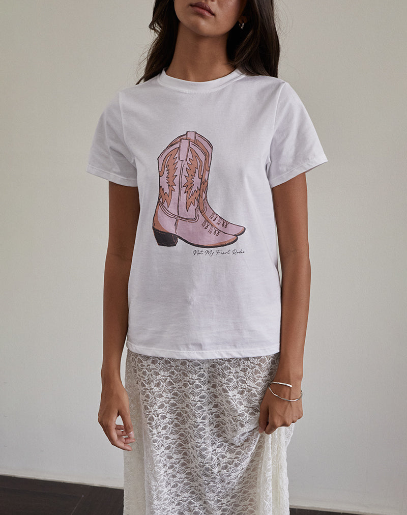 Saki Tee in White with Pink Cowboy Boot Print-Nico Sky
