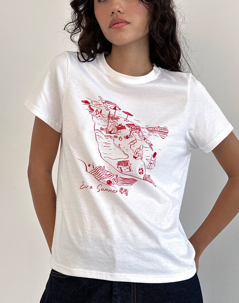 Saki Tee in White with Royal Red Euro Summer-Nico Sky