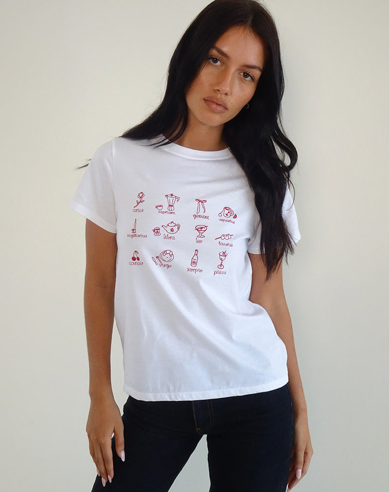 Saki Tee in White with Red Star Signs Print-Nico Sky