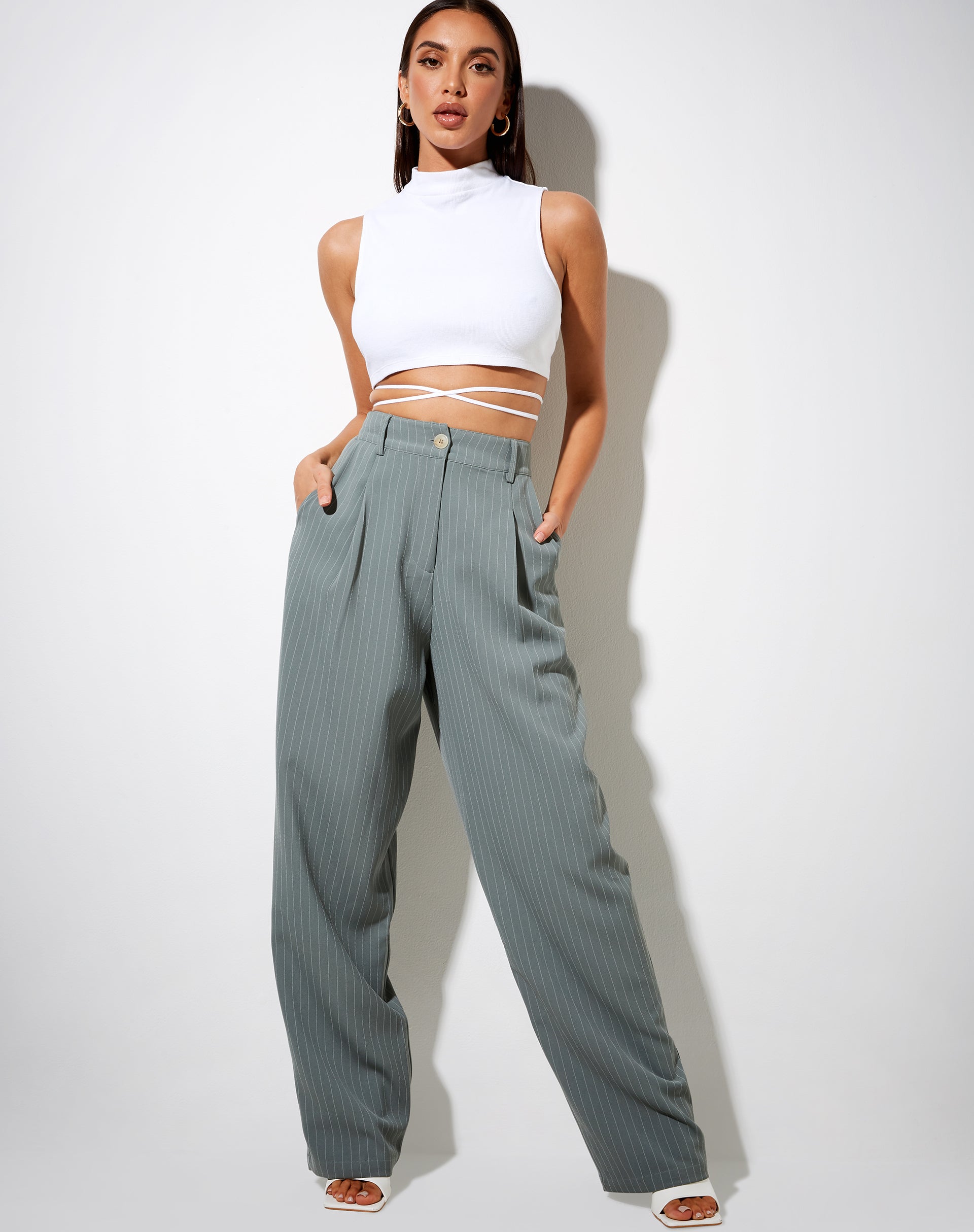 Sakila Trouser in Pinstripe Sage-Nico Sky