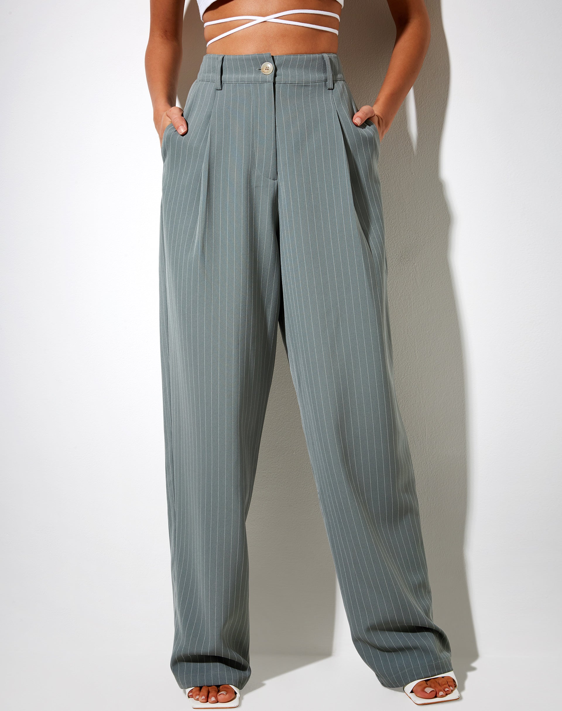 Sakila Trouser in Pinstripe Sage-Nico Sky