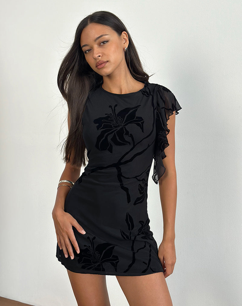 Salya Mini Dress in Orchids Flock Black-Nico Sky