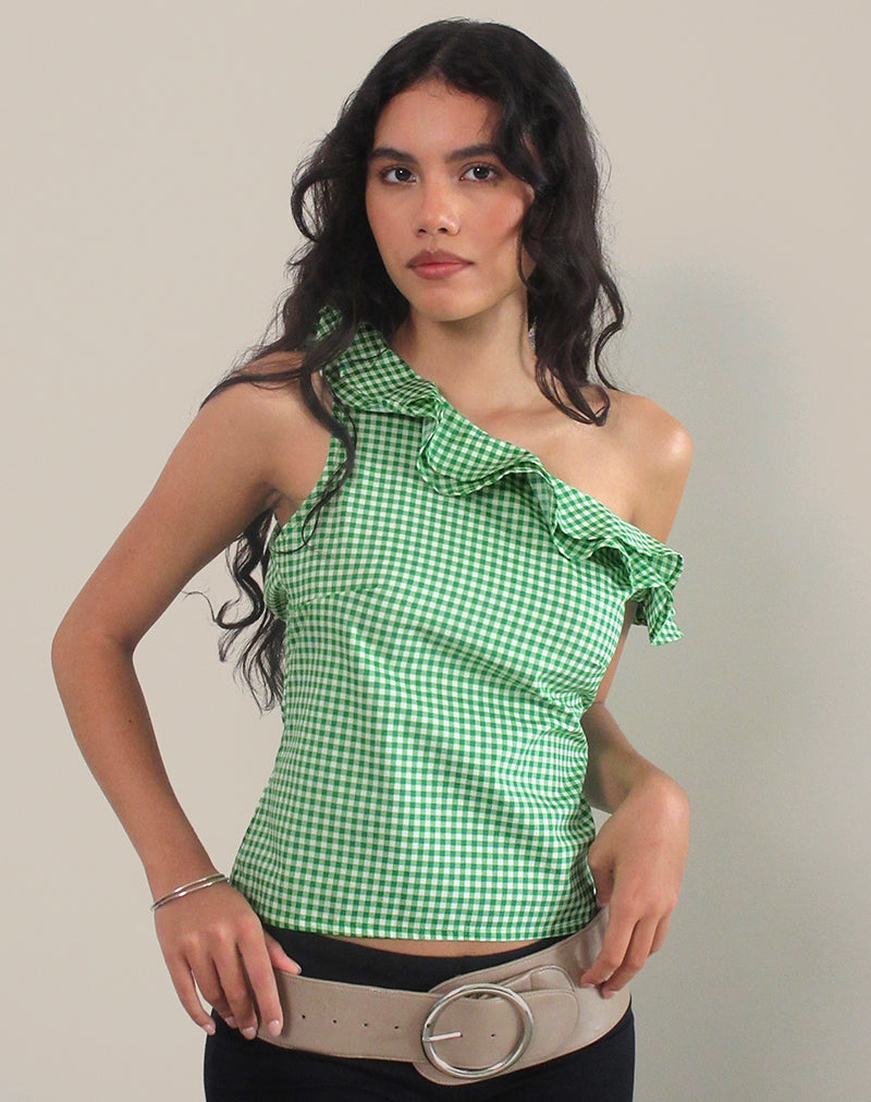 Sanamu Frill Top in Mini Gingham Green-Nico Sky