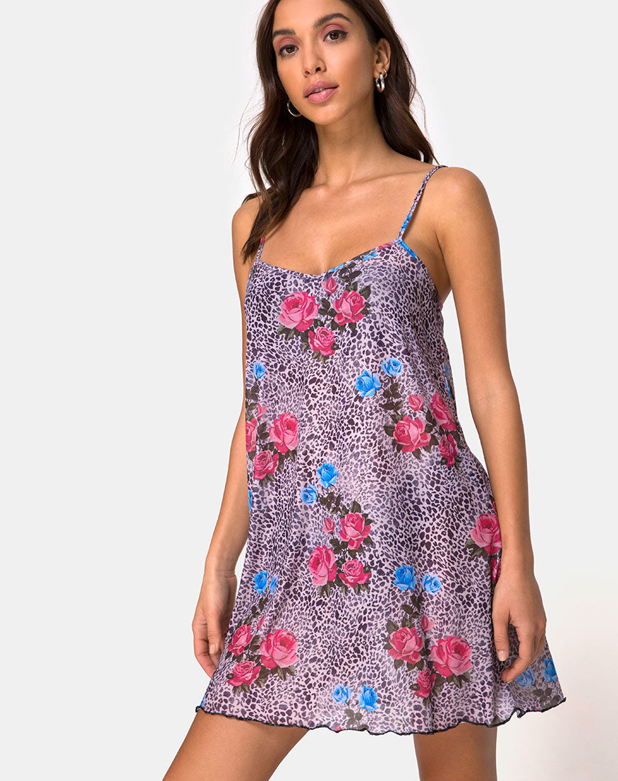 Sanita Dress in Jungle Rose Print Net-Nico Sky