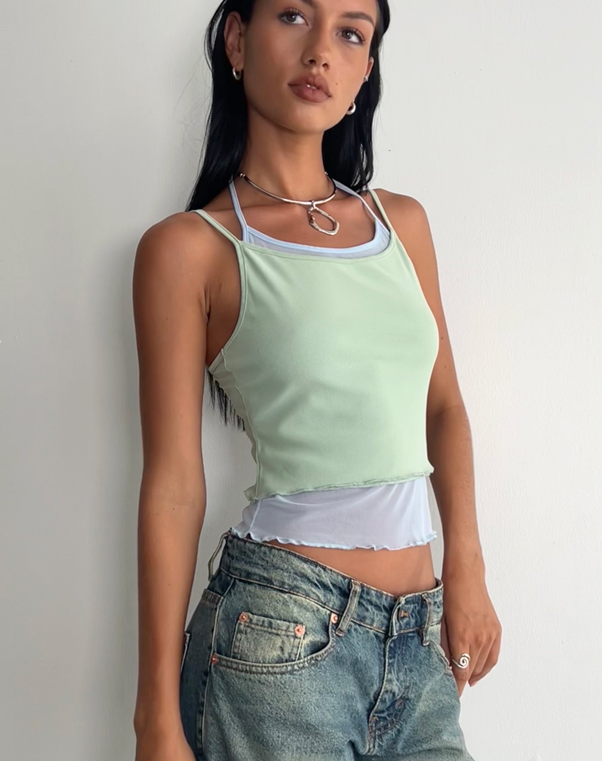 Sapphi Double Layered Cami Top in Frost Blue and Sage Green-Nico Sky
