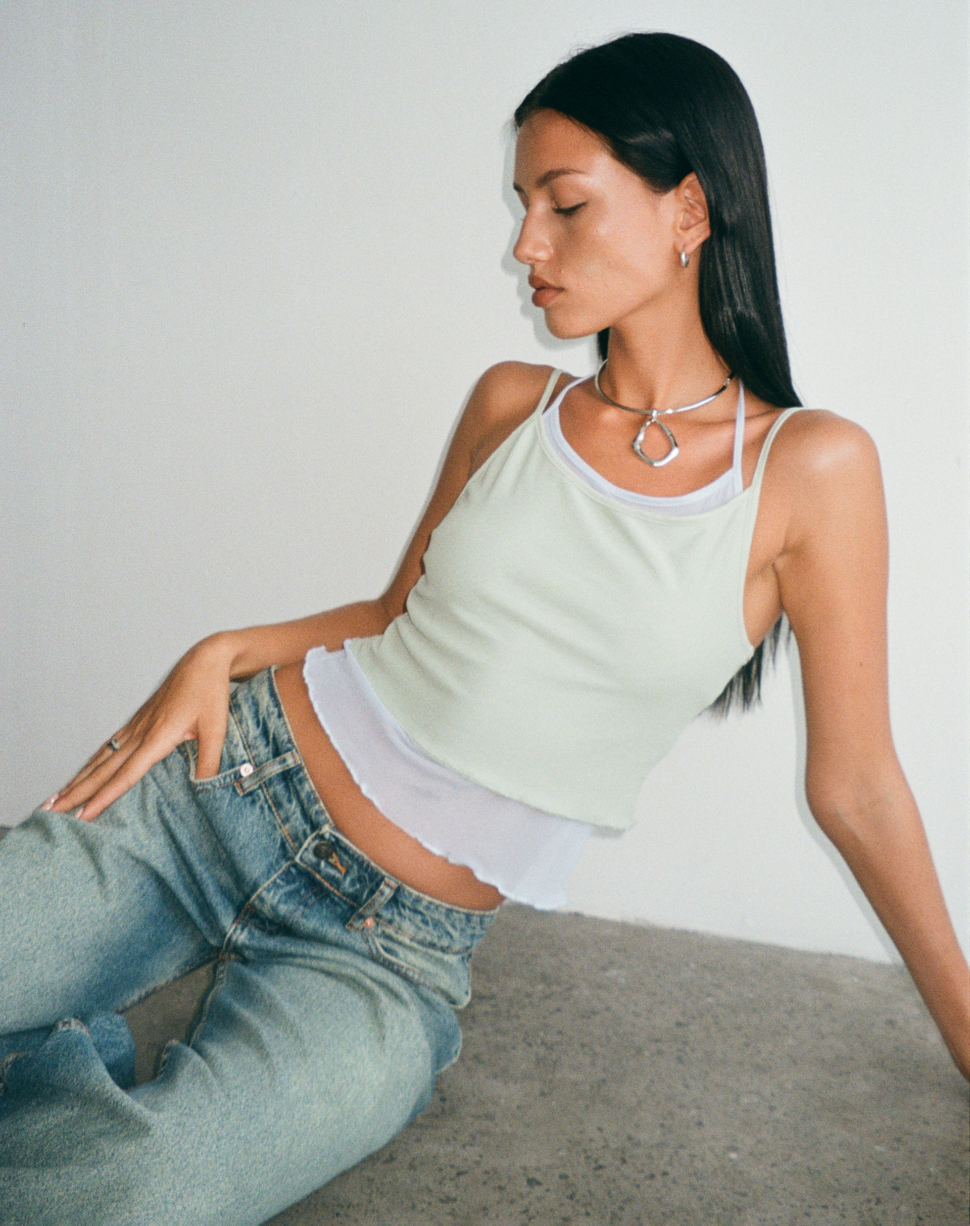Sapphi Double Layered Cami Top in Frost Blue and Sage Green-Nico Sky