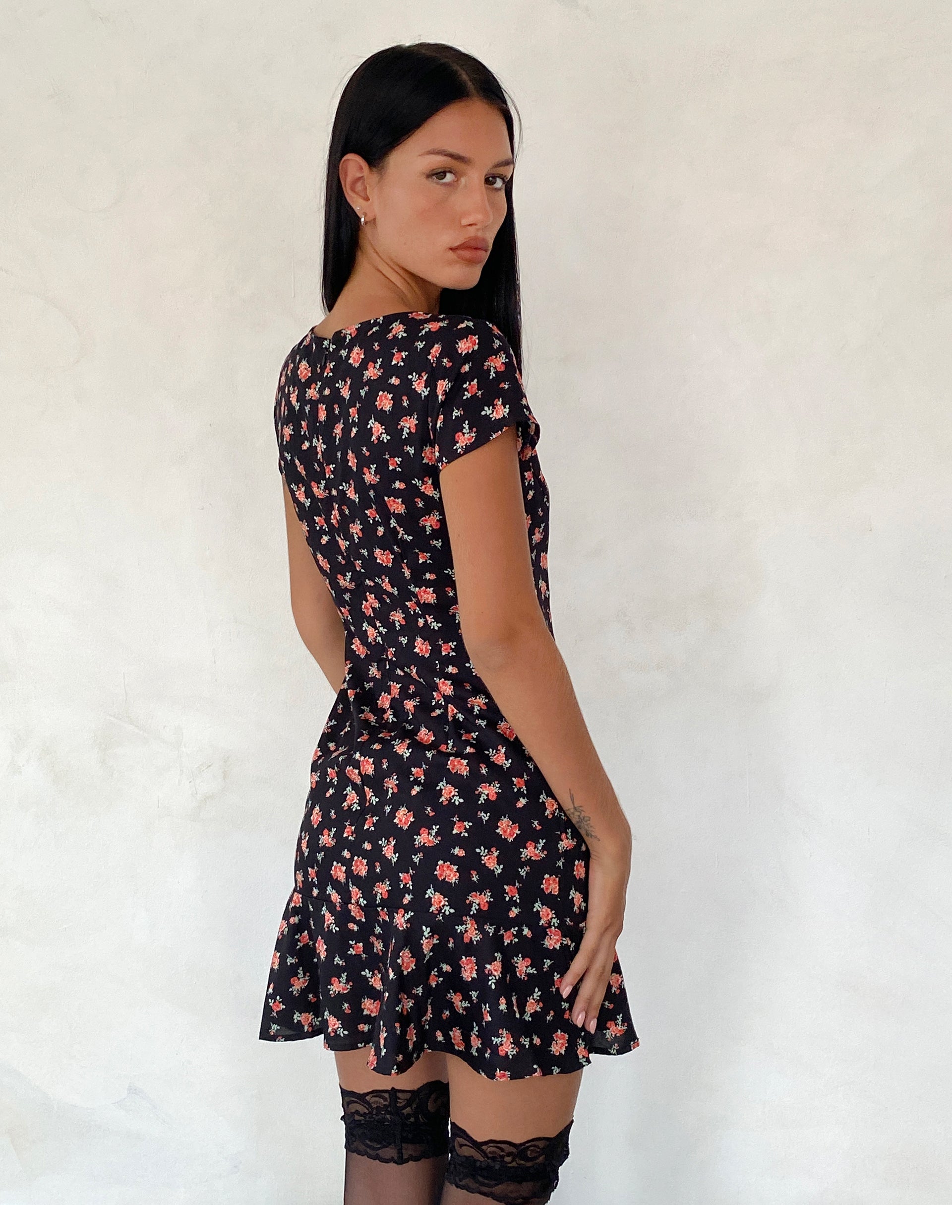 Seleg Mini Dress in Flowing Rose Black-Nico Sky