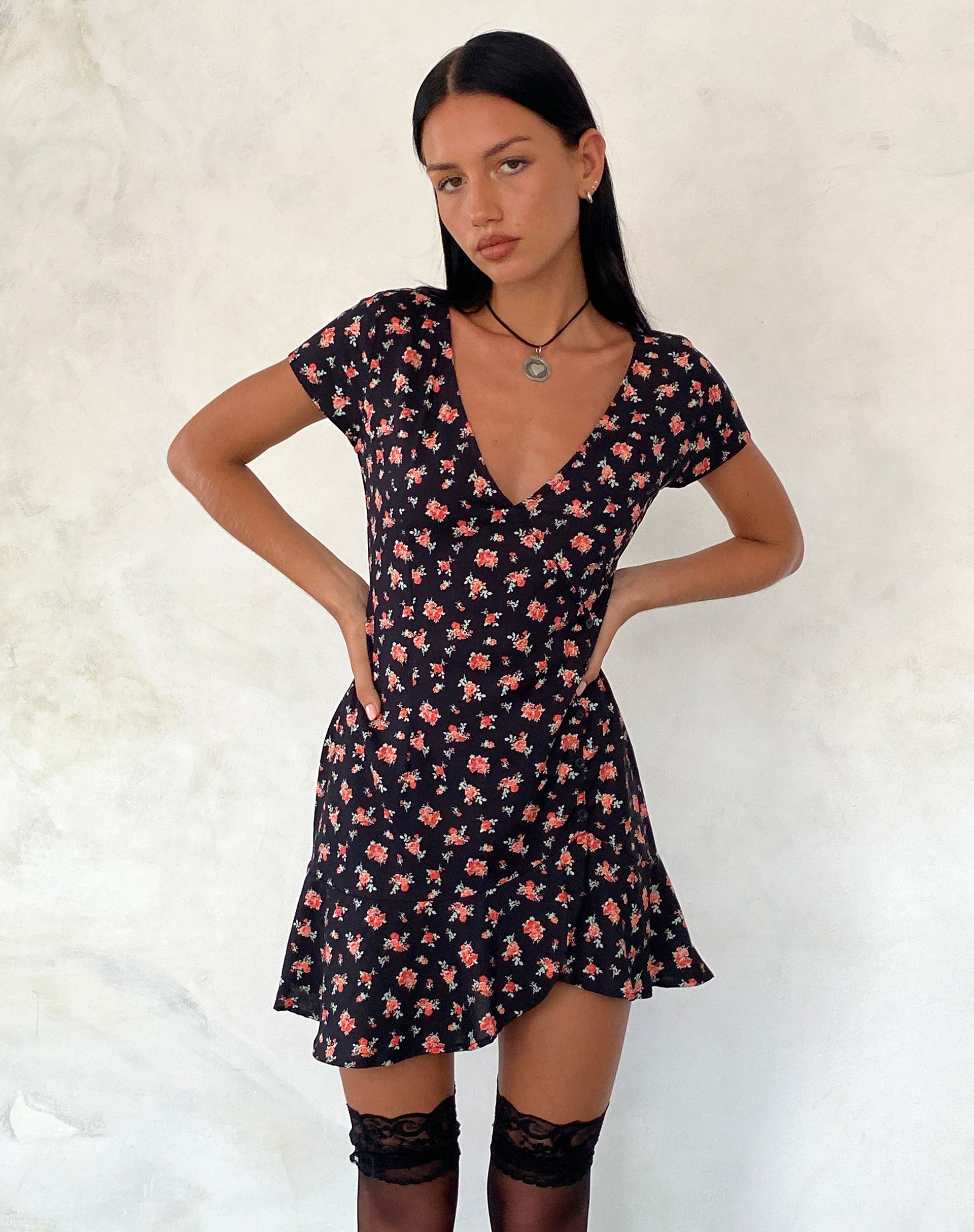 Seleg Mini Dress in Flowing Rose Black-Nico Sky