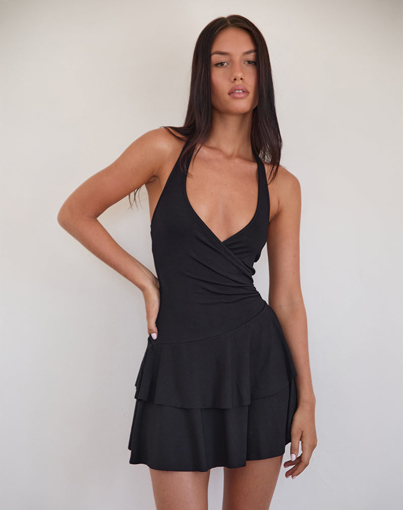 Semary Plunge Wrap Mini Dress in Black-Nico Sky