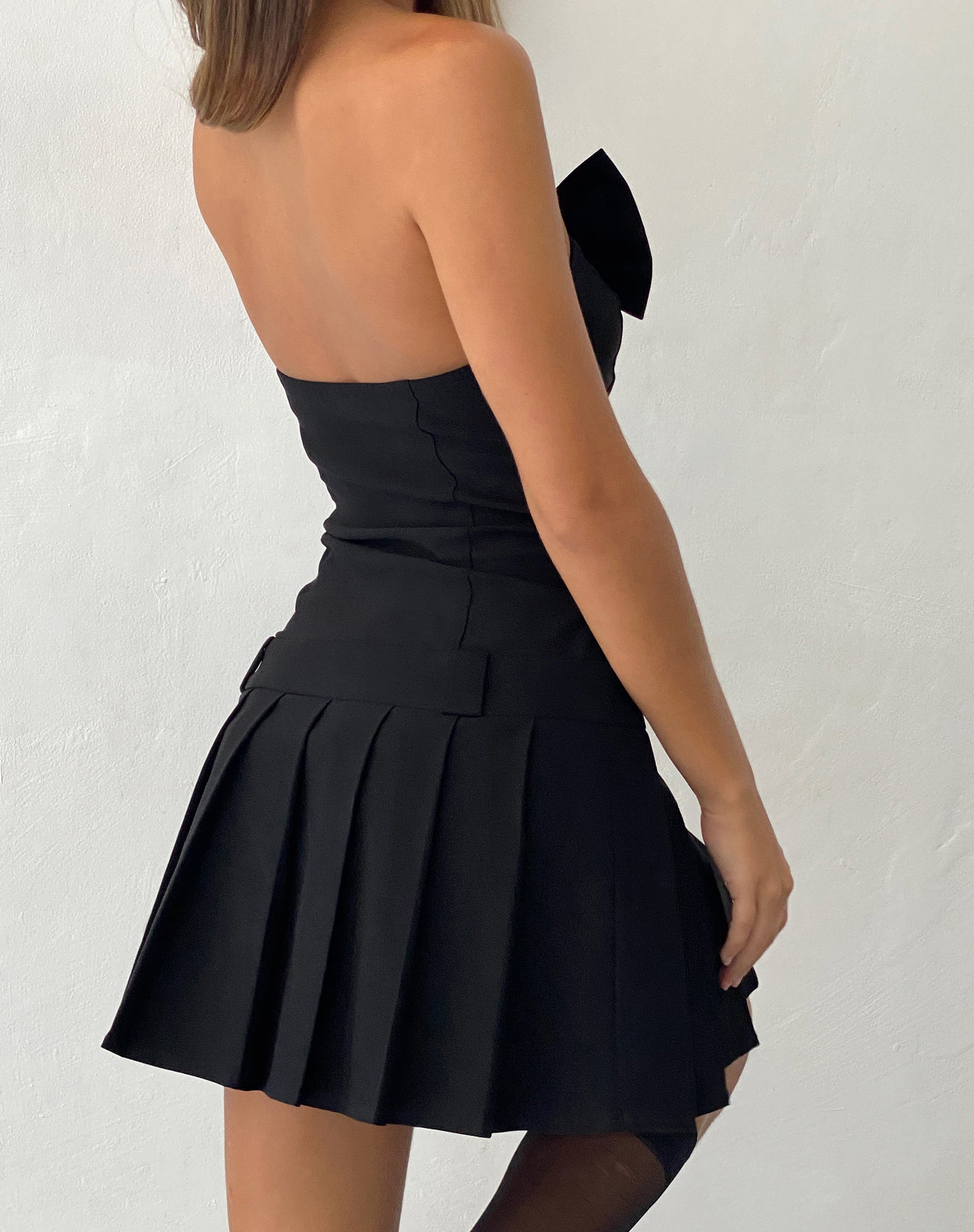 Seroja Bow Front Mini Dress in Black Tailoring-Nico Sky