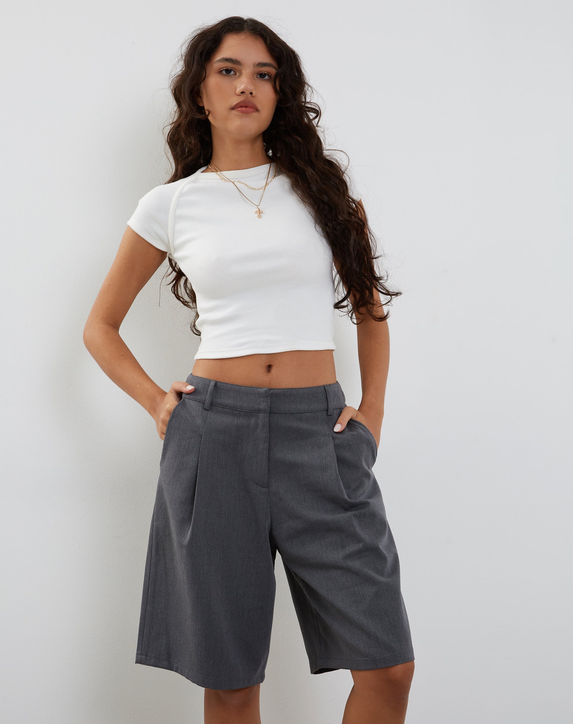 Setya Long Line Tailored Shorts in Charcoal-Nico Sky