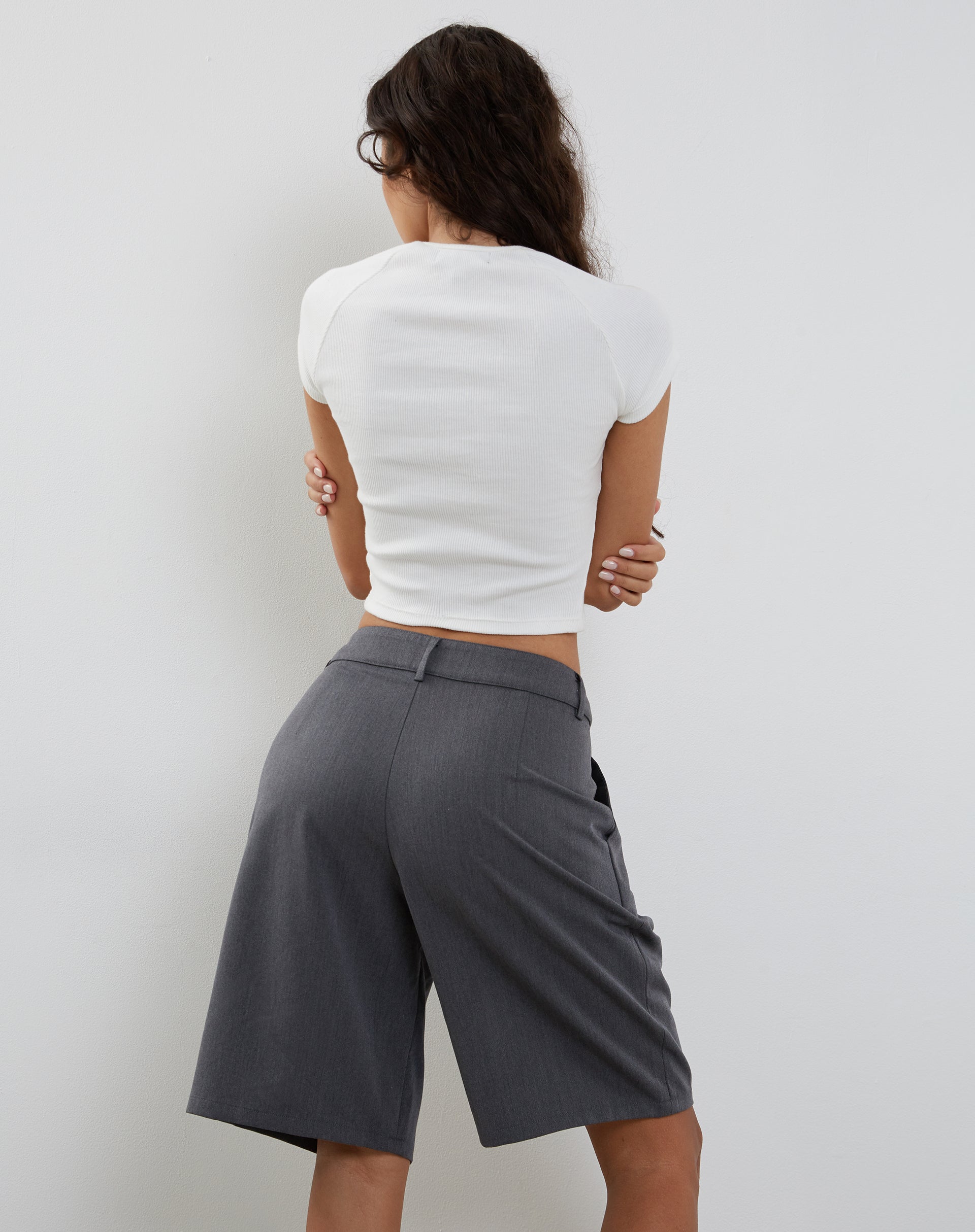 Setya Long Line Tailored Shorts in Charcoal-Nico Sky