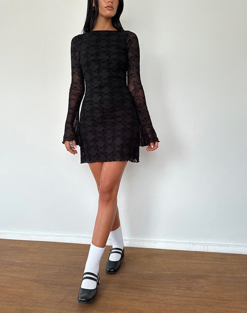 Sevila Long Sleeve Mini Dress in Black Queen of Heart Flock-Nico Sky