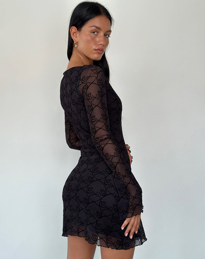 Sevila Long Sleeve Mini Dress in Black Queen of Heart Flock-Nico Sky