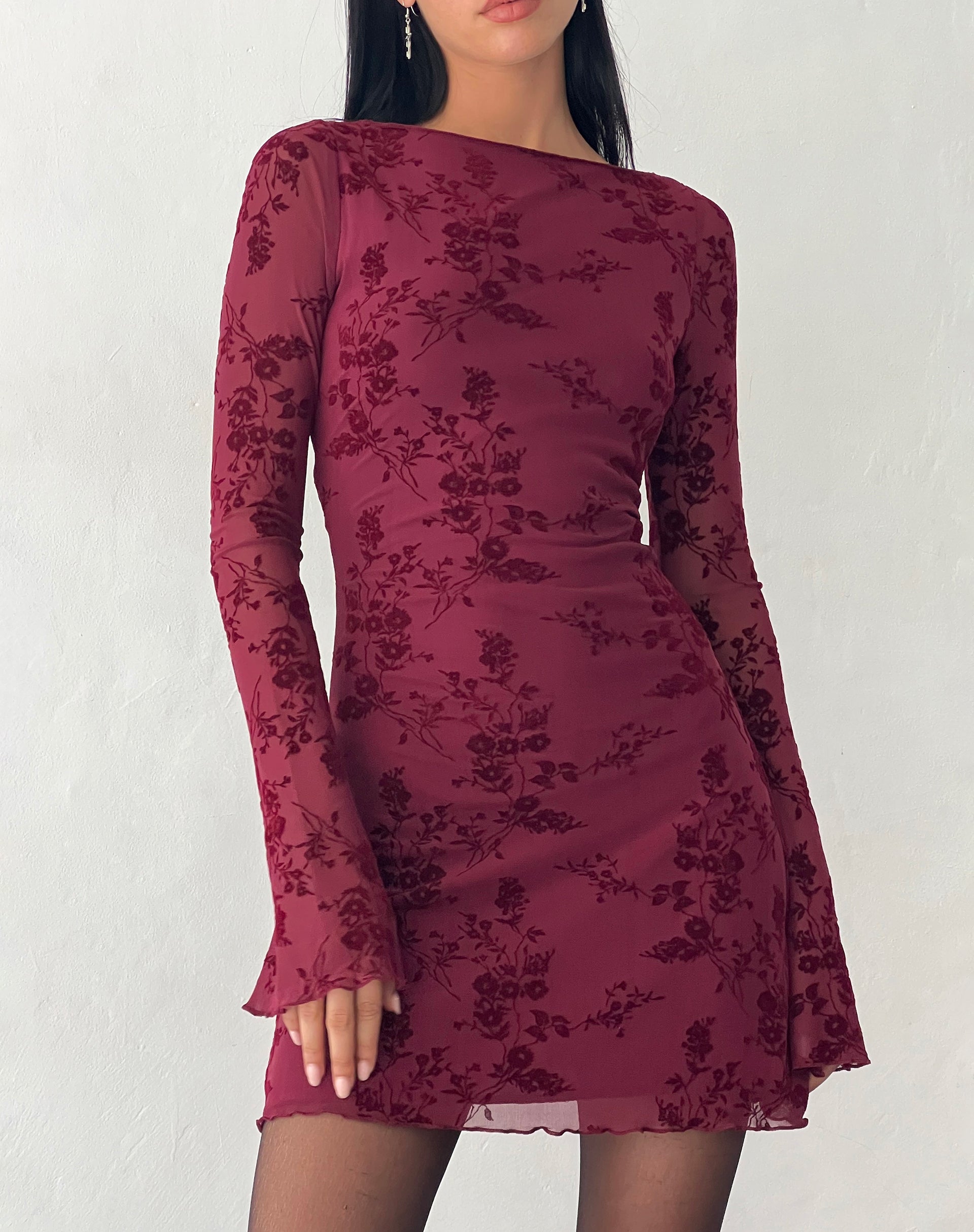 Sevila Long Sleeve Mini Dress in Flocked Botanical Flower Maroon-Nico Sky
