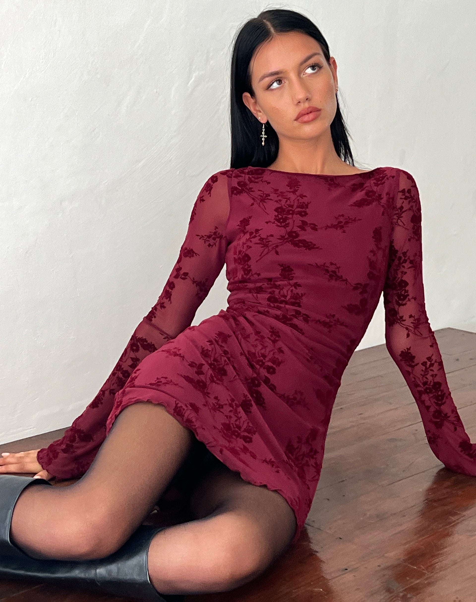 Sevila Long Sleeve Mini Dress in Flocked Botanical Flower Maroon-Nico Sky