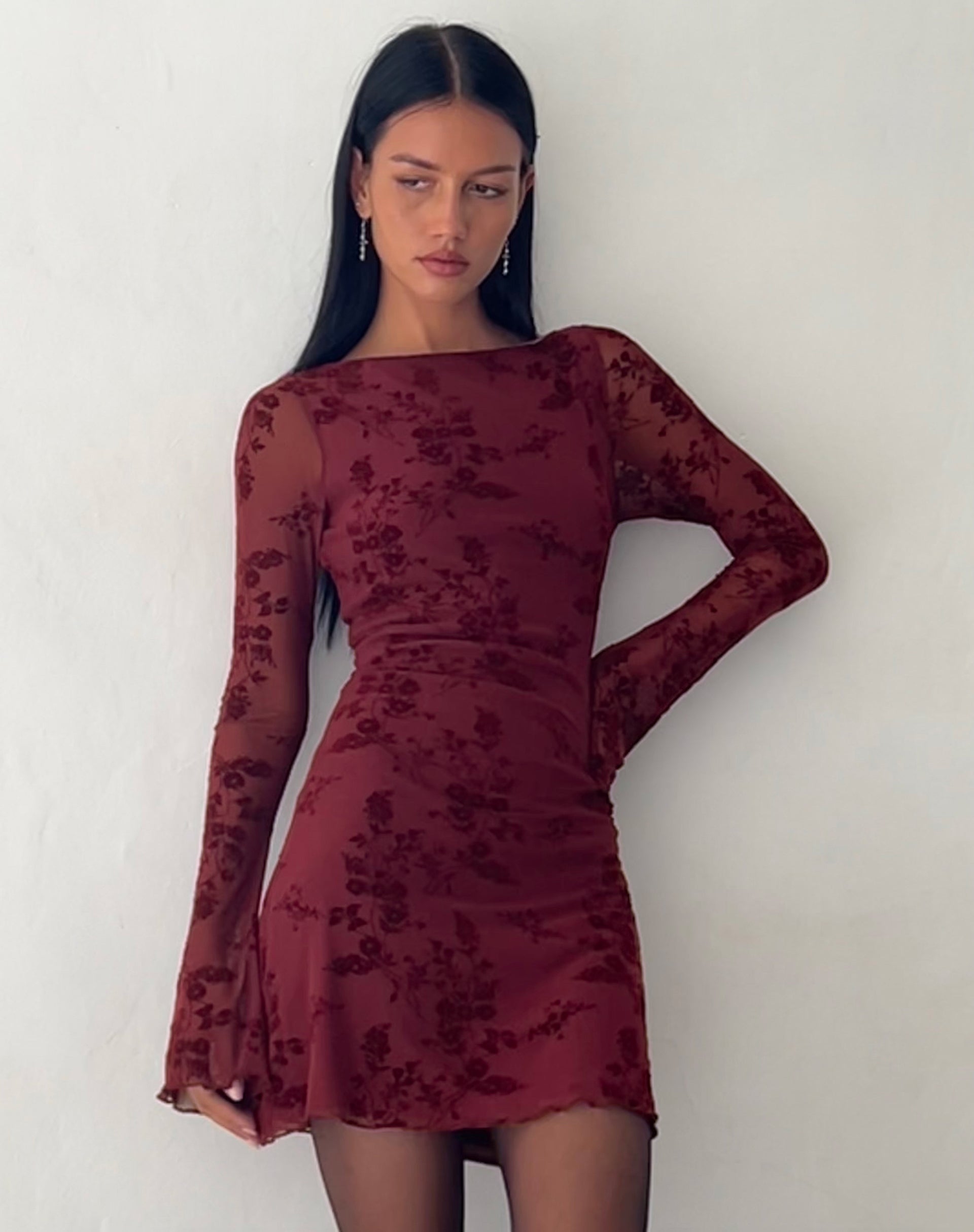Sevila Long Sleeve Mini Dress in Flocked Botanical Flower Maroon-Nico Sky