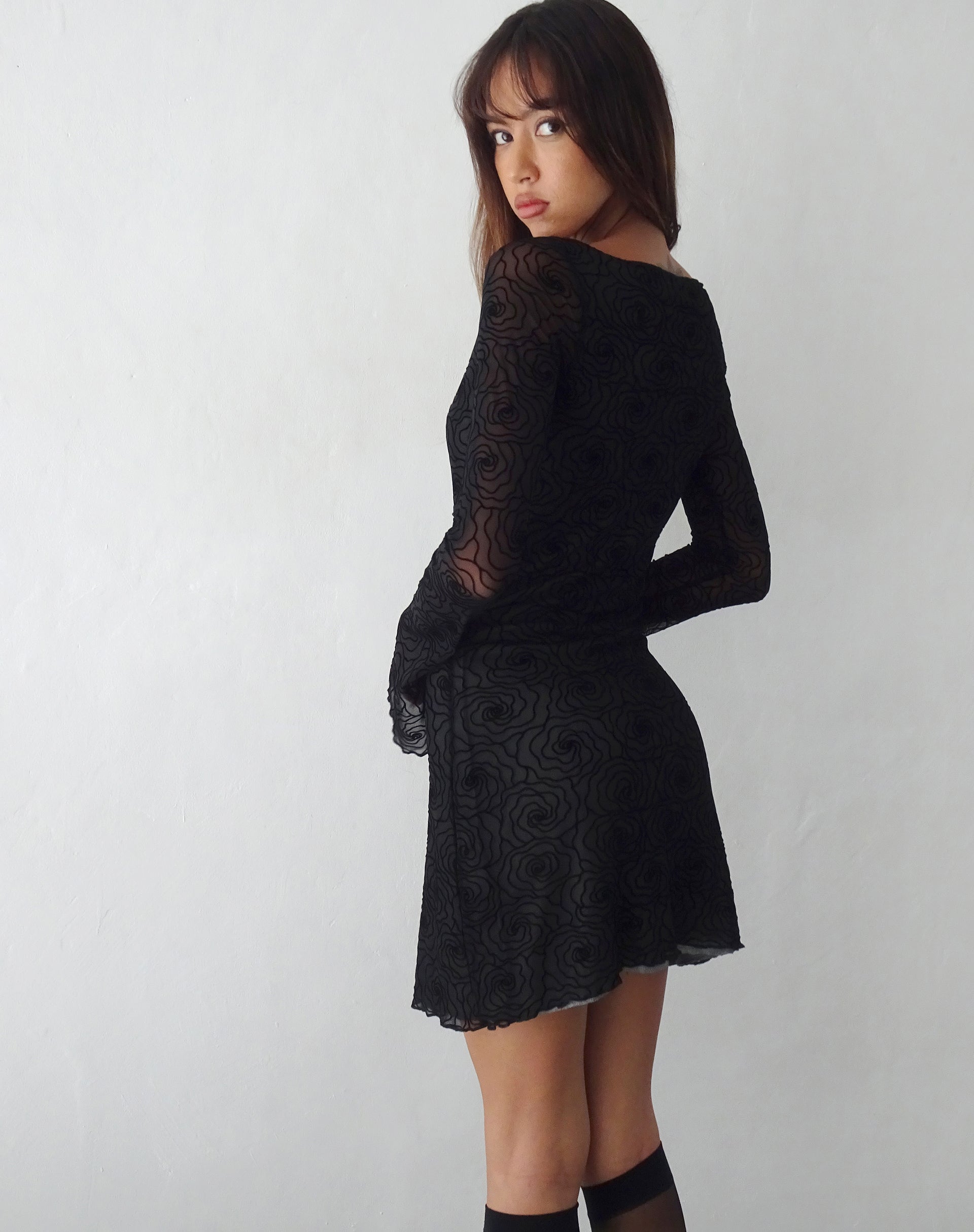 Sevila Long Sleeve Mini Dress in Mesh Black Abstract Flower Flock-Nico Sky