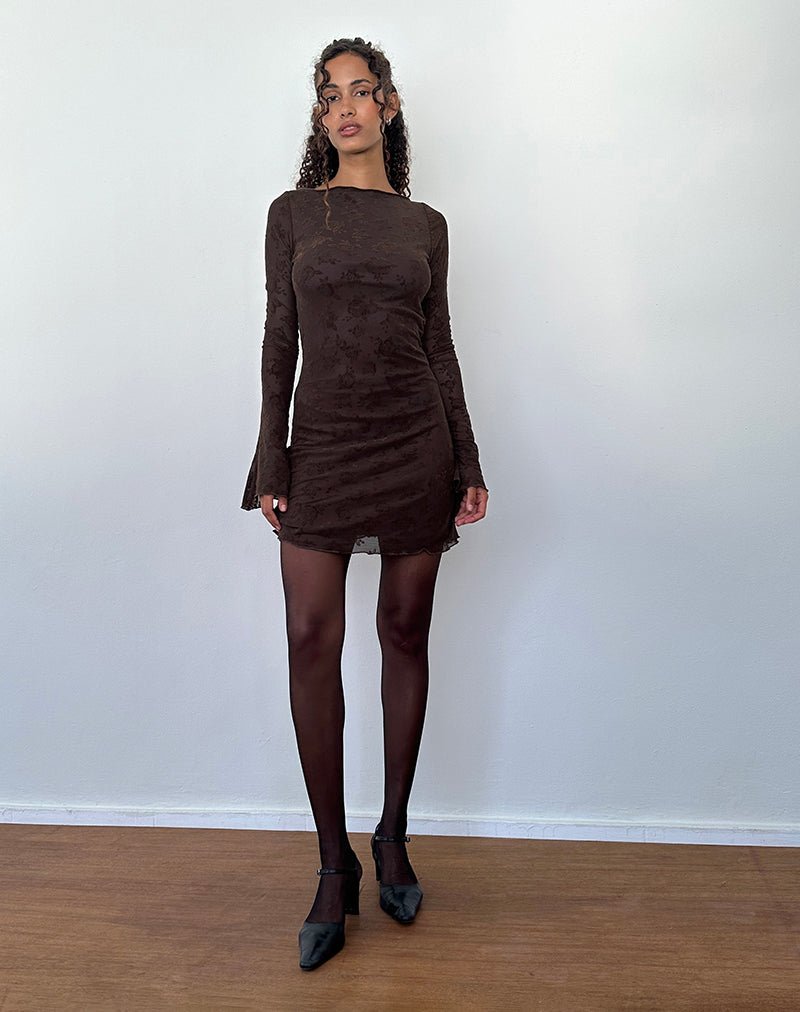 Sevila Long Sleeve Mini Dress in Romantic Rose Flock Brown-Nico Sky