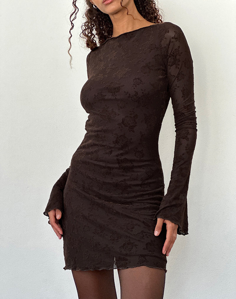 Sevila Long Sleeve Mini Dress in Romantic Rose Flock Brown-Nico Sky