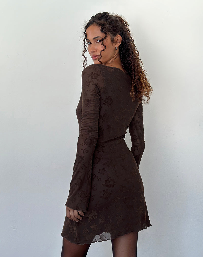 Sevila Long Sleeve Mini Dress in Romantic Rose Flock Brown-Nico Sky