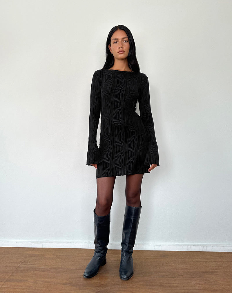 Sevila Long Sleeve Mini Dress in Crinkle Black-Nico Sky