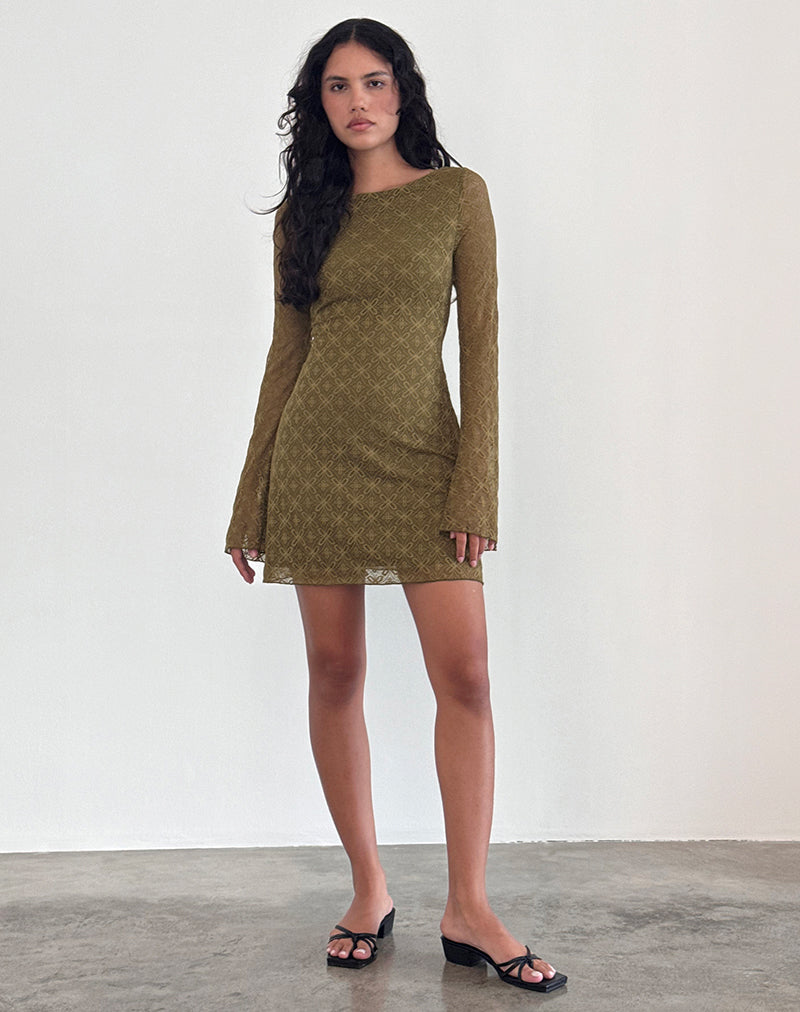 Sevila Long Sleeve Mini Dress in Textured Moss Green-Nico Sky