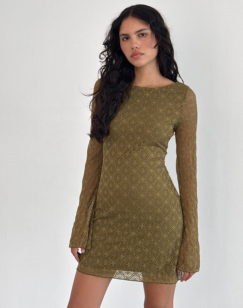 Sevila Long Sleeve Mini Dress in Textured Moss Green-Nico Sky