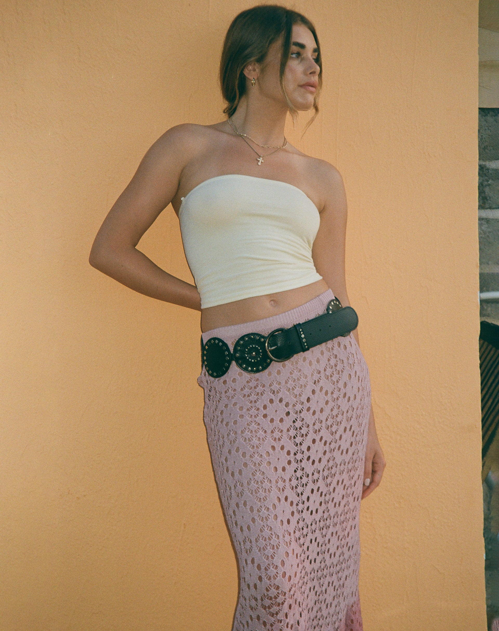 Eldonia Crochet Midi Skirt in Dusty Pink-Nico Sky