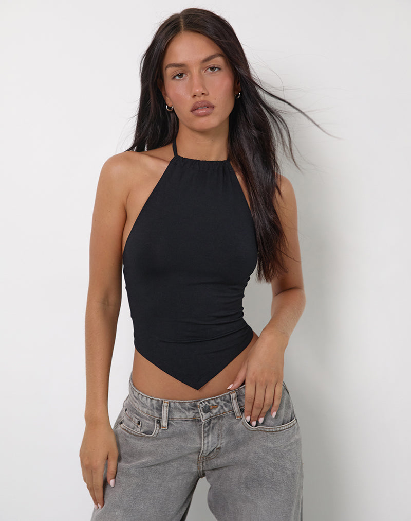 Shalas Halter Top in Rayon Jersey Black-Nico Sky
