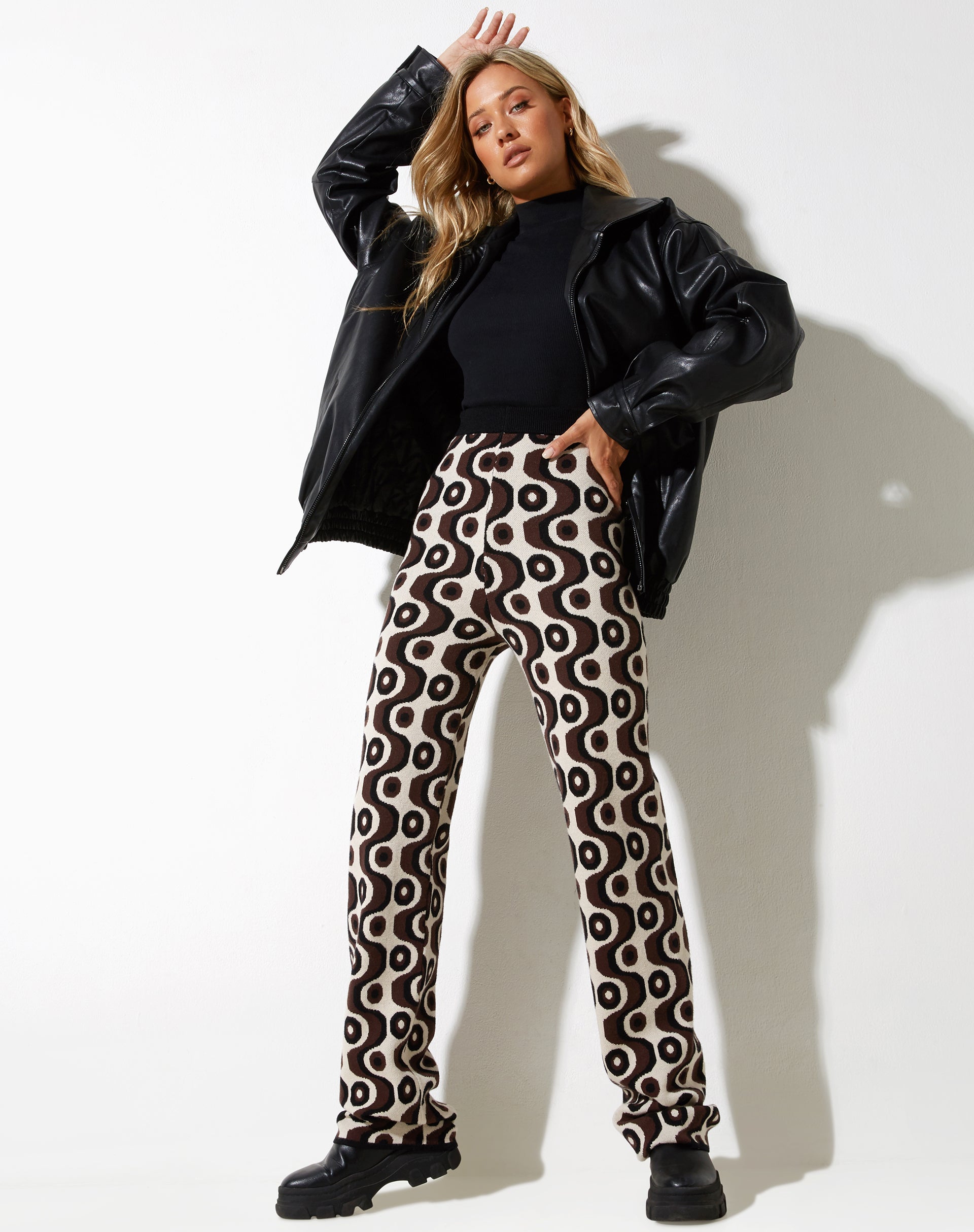 Sheba Wide Leg Trouser in Wavy Geo Ivory Brown and Black-Nico Sky