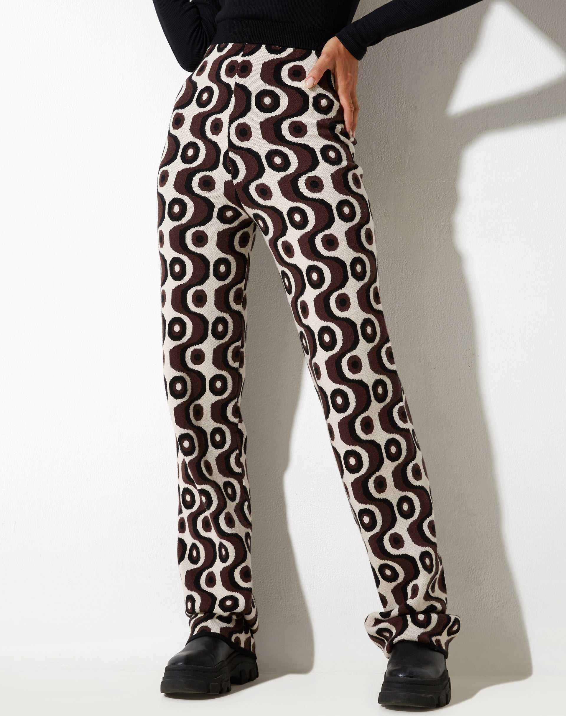 Sheba Wide Leg Trouser in Wavy Geo Ivory Brown and Black-Nico Sky