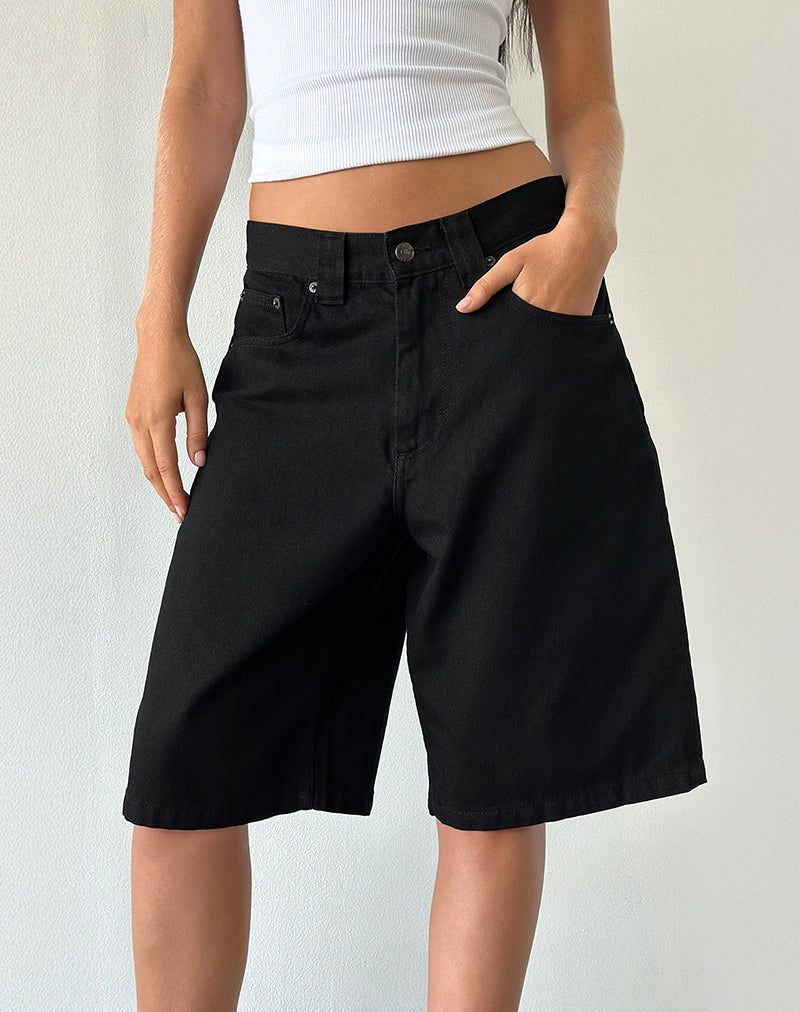 Low Rise Skater Shorts in Rinse Black Denim-Nico Sky