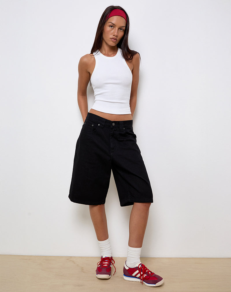Low Rise Skater Shorts in Rinse Black Denim-Nico Sky